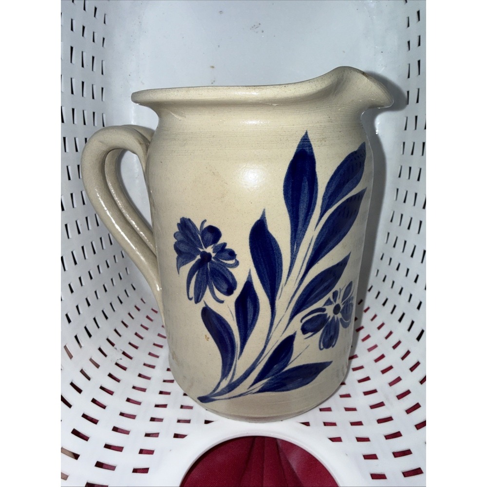 Williamsburg Pottery salt glazed , hand thrown, hand decorated pitcher- 1  quart